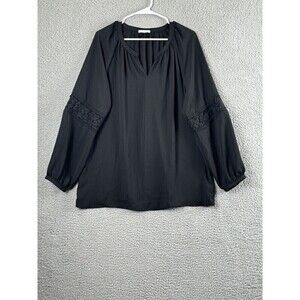 Pleione Blouse Womens L Black Long Sleeve Lace V Neck Workwear Preppy